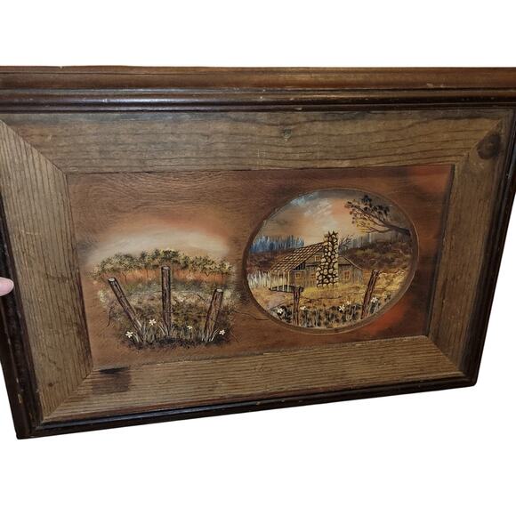 Vtg 70 Rustic Carved Framed Cabin Farmhouse Landscape Artist Signed Oil Painting - Picture 2 of 8